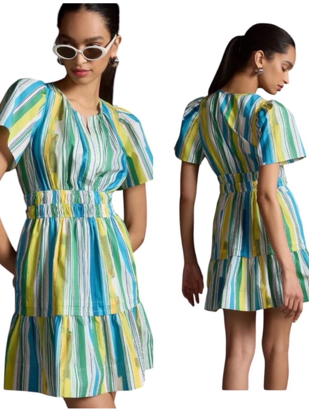 Anthropologie Green Yellow Blue Striped Somerset Mini Dress Medium M